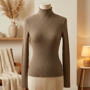 Zara| Taupe Ribbed Turtleneck Bodycon Fitted Long Sleeved Knit Top Sz M